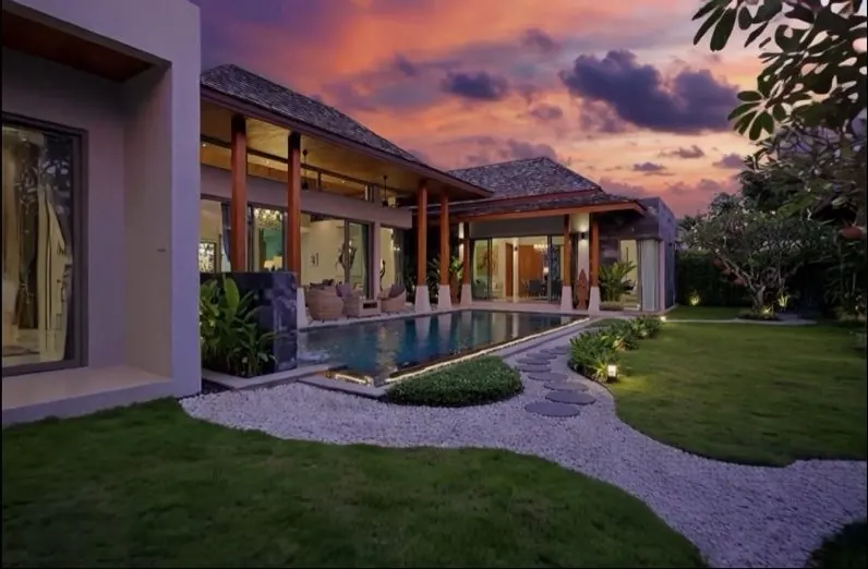 Villa and pool at sunset
