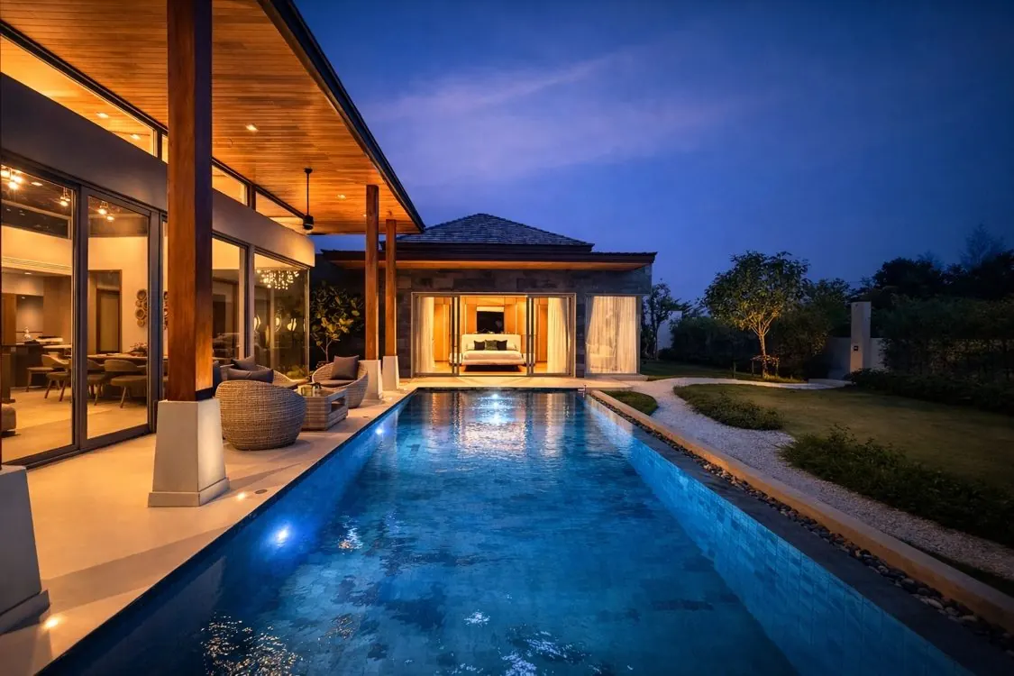 Pool across tropical landscaping