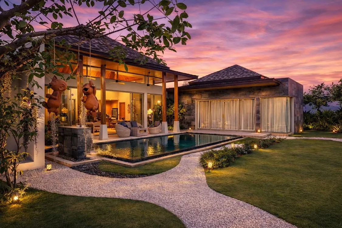 Exterior at pink sunset