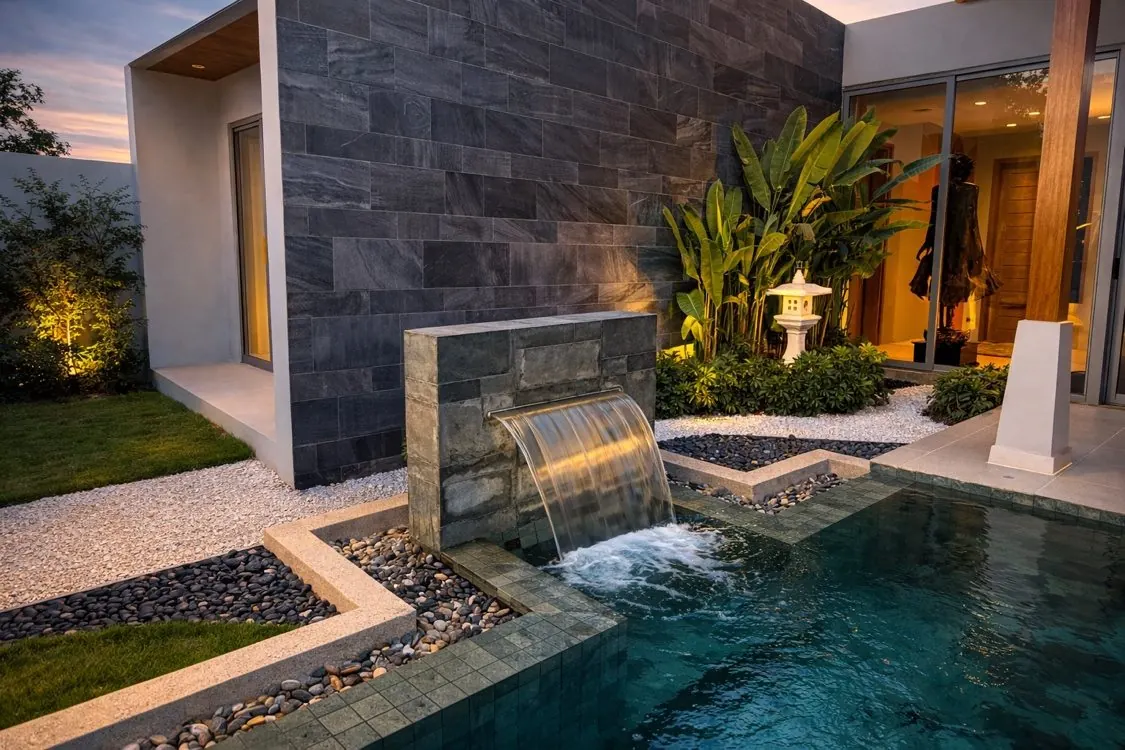 Pool waterfall and stone wall