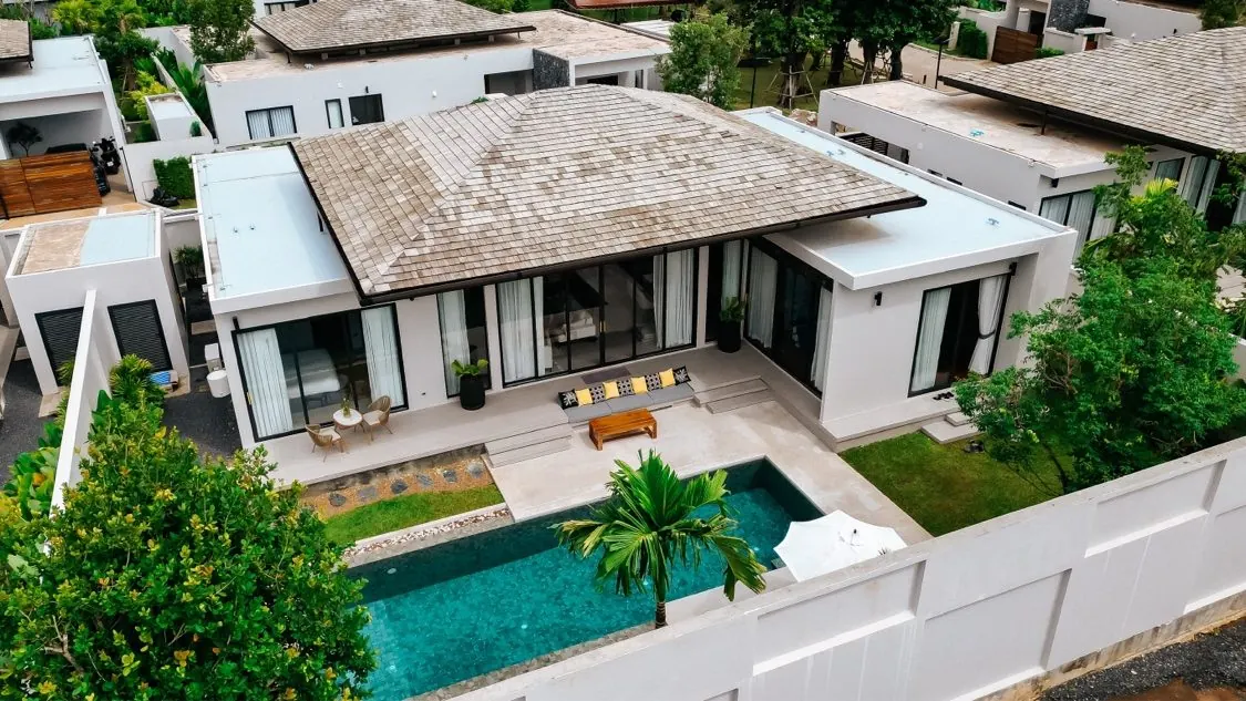 Aerial view of villa and pool