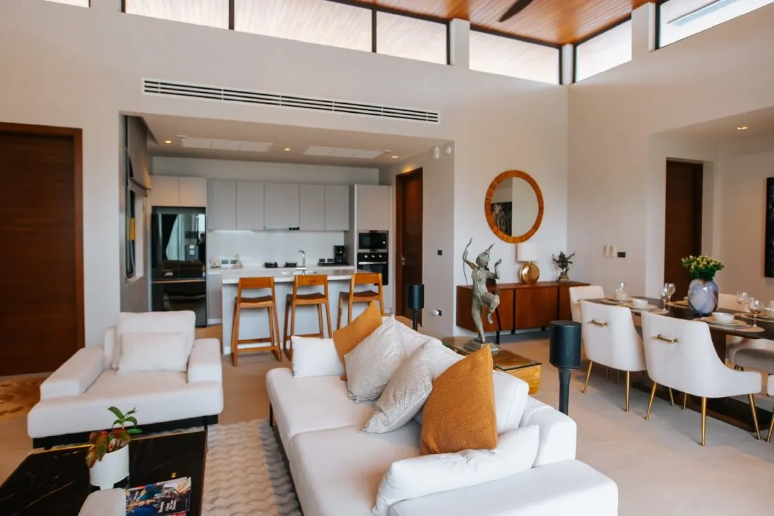 Living room seating and kitchen island