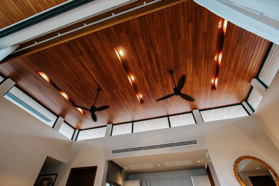 Vaulted wood ceiling with ceiling fans