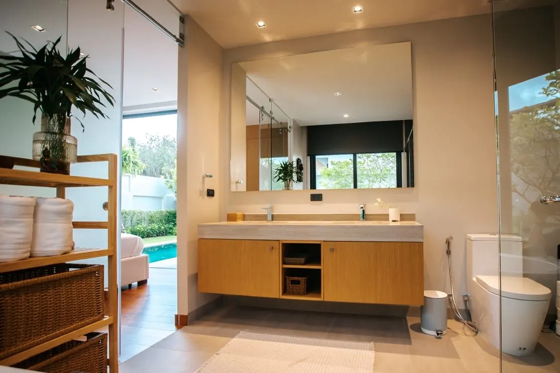 Vanity and bathroom